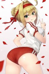 Rule 34 | 1girl, :p, arched back, ass, blonde hair, blush, braid, breasts, buruma, closed mouth, commentary request, contrapposto, cowboy shot, fate/grand order, fate (series), french braid, from behind, green eyes, gym shirt, gym uniform, hair between eyes, hair bun, hair intakes, hand up, headband, highres, large breasts, legs apart, looking at viewer, looking back, name tag, nero claudius (fate), nero claudius (fate) (all), nero claudius (fate/extra), nero claudius (olympian bloomers) (fate), official alternate costume, petals, red buruma, rose petals, shirt, short sleeves, sidelocks, single hair bun, smile, solo, standing, t-shirt, thighs, tongue, tongue out, tsurime, v, vsi0v, white shirt