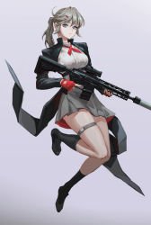 Rule 34 | 1girl, absurdres, ar-15, assault rifle, fingerless gloves, floating, full body, gloves, grey eyes, grey hair, guihuo inferno, gun, hair ornament, hairpin, high collar, highres, holding, holding gun, holding weapon, jacket, looking at viewer, open clothes, open jacket, original, parted lips, ponytail, red gloves, rifle, shirt, simple background, skirt, socks, solo, tailcoat, thigh strap, weapon