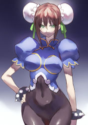 Rule 34 | 1girl, adapted costume, alternate hair color, bad id, bad pixiv id, bodysuit, bracelet, breasts, brown hair, bun cover, capcom, chinese clothes, chun-li, chun-li (cosplay), commentary request, cosplay, covered navel, crossover, double bun, fate/grand order, fate (series), gold trim, green eyes, hair bun, hand on own hip, jewelry, medium breasts, puffy sleeves, qin liangyu (fate), short sleeves, sidelocks, simple background, skin tight, solo, spiked bracelet, spikes, standing, street fighter, toggles, yostxxx
