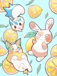 Rule 34 | animal focus, artist name, blue background, commentary request, creatures (company), dog, food, fruit, game freak, gen 3 pokemon, gen 4 pokemon, gen 8 pokemon, green eyes, hanabusaoekaki, heart, highres, leaf, lemon, lemon slice, nintendo, no humans, open mouth, pachirisu, pawpads, pokemon, pokemon (creature), simple background, solid oval eyes, spinda, tail, teeth, tongue, tongue out, upper teeth only, yamper