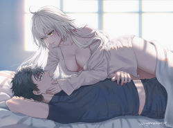 Rule 34 | 1boy, 1girl, bed, black hair, blue eyes, breasts, cleavage, fate/grand order, fate (series), fujimaru ritsuka (male), highres, jeanne d&#039;arc alter (fate), large breasts, long hair, omizu (omz), white hair, yellow eyes
