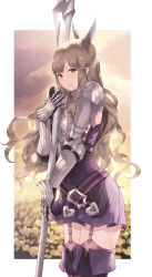 Rule 34 | 1girl, armor, armored dress, belt, boots, breastplate, breasts, cait aron, closed mouth, dress, elbow gloves, fire emblem, fire emblem awakening, garter straps, gauntlets, gloves, grey eyes, grey hair, highres, large breasts, long hair, looking at viewer, nintendo, pauldrons, polearm, purple dress, shoulder armor, sidelocks, smile, solo, spear, sumia (fire emblem), thigh boots, thighhighs, thighs, wavy hair, weapon, wing hair ornament