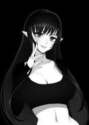 Rule 34 | 1girl, artist name, brassica, breasts, cleavage, collarbone, crop top, fingernails, greyscale, hand up, highres, linea alba, long hair, medium breasts, monochrome, navel, original, pointy ears, sharp fingernails, solo, upper body