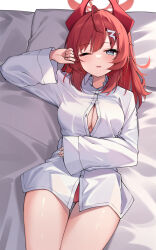 Rule 34 | 1girl, ;o, absurdres, ahoge, alternate costume, bed sheet, blue archive, blush, breasts, cleavage, demon horns, halo, highres, horns, looking at viewer, lying, lyu, medium breasts, megu (blue archive), no pants, one eye closed, panties, pillow, red hair, red panties, shirt, solo, underwear, white shirt, ziro (zirorong)