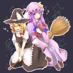 Rule 34 | 2girls, any (artist), any (lucky denver mint), bad id, bad pixiv id, blonde hair, book, braid, broom, broom riding, female focus, hat, kirisame marisa, long hair, multiple girls, multiple riders, patchouli knowledge, purple eyes, purple hair, short hair, sidesaddle, star (symbol), touhou, witch, witch hat, yellow eyes