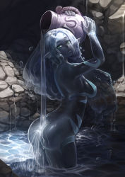 Rule 34 | 1girl, arched back, ass, barbariank, bathing, blue skin, breasts, butt crack, colored skin, elemental (creature), fins, from side, green eyes, head fins, highres, jar, large breasts, liquid hair, looking at viewer, monster girl, monster girl encyclopedia, nature, parted lips, partially submerged, particles, pointy ears, pouring, rock, sagging breasts, see-through body, slime girl, solo, spirit, standing, thick thighs, thighs, translucent, transparent, undine (monster girl encyclopedia), wading, water, water elemental, watery hair