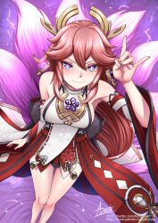 Rule 34 | 1girl, adsouto, animal ears, breasts, earrings, feet out of frame, fox ears, fox tail, genshin impact, highres, jewelry, kitsune, large breasts, long hair, looking at viewer, multiple tails, nontraditional miko, pink hair, pink nails, purple eyes, sideboob, signature, solo, tail, vision (genshin impact), yae miko