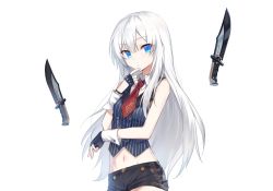 Rule 34 | 1girl, bare shoulders, black gloves, black shorts, blue eyes, blue shirt, closers, combat knife, cowboy shot, crop top, detached collar, finger to own chin, fingerless gloves, floating, floating object, gloves, knife, long hair, looking at viewer, midriff, nanaya (nnytwr), navel, necktie, parted lips, seulbi lee, shirt, short necktie, short shorts, shorts, sidelocks, simple background, sleeveless, sleeveless shirt, solo, striped clothes, striped shirt, weapon, white background, white hair, wing collar, wrist cuffs