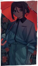 Rule 34 | 1boy, arm at side, black hair, border, closed mouth, collared shirt, cowboy shot, fate/zero, fate (series), flower, flower request, grey eyes, hair between eyes, hair bun, highres, holding, holding umbrella, long sleeves, looking at viewer, male focus, outdoors, pants, red flower, shirt, shirt tucked in, solo, tokoni fusu, umbrella, water drop, waver velvet, white border