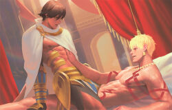 Rule 34 | 2boys, abs, bara, bed, black gloves, black hair, blonde hair, body markings, cape, earrings, fate/grand order, fate (series), gilgamesh (fate), gloves, jewelry, large pectorals, lying, male focus, multiple boys, muscular, muscular male, navel, nipples, on back, on bed, ozymandias (fate), paid reward available, pectorals, penguin frontier, short hair, sitting, sitting on person, white cape, yaoi