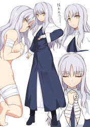 Rule 34 | 1girl, bandaged arm, bandaged hand, bandaged leg, bandages, blue footwear, blue robe, boots, breasts, caren hortensia, commentary request, dress, fate/hollow ataraxia, fate (series), grey hair, kneeling, layered sleeves, long hair, long sleeves, looking at viewer, medium breasts, multiple views, nude, parted bangs, praying, robe, shiseki hirame, simple background, standing, translation request, white background, yellow eyes