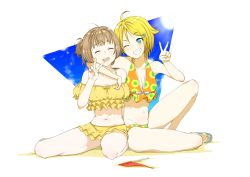 Rule 34 | 2girls, ;), ^ ^, ahoge, arm around neck, bare shoulders, bikini, blonde hair, blue eyes, blue sky, blush, bouen, braid, breasts, brown hair, closed eyes, cloud, cloudy sky, collarbone, day, facing viewer, flag, flip-flops, french braid, frilled bikini, frills, grin, hair flaps, hair ornament, hairclip, hand up, highres, knee up, light rays, looking at another, multiple girls, navel, nonohara hime, one eye closed, one side up, open mouth, sandals, short hair, sitting, sky, small breasts, smile, sunbeam, sunlight, swimsuit, teeth, thighs, tokyo 7th sisters, tsunomori rona, v