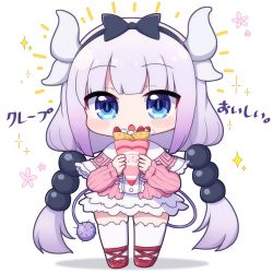 Rule 34 | 1girl, black bow, black hairband, blue eyes, blush stickers, bow, capelet, chestnut mouth, chibi, child, commentary request, crepe, dragon horns, dress, food, full body, grey hair, hairband, highres, holding, holding food, horns, kanna kamui, kobayashi-san chi no maidragon, long hair, looking at viewer, low twintails, open mouth, pink dress, red footwear, rensei, shadow, shoes, simple background, solo, standing, tail, thighhighs, translation request, twintails, very long hair, white background, white capelet, white thighhighs