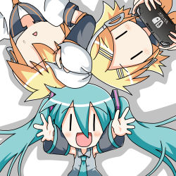 Rule 34 | 1boy, 2girls, aqua hair, aqua necktie, arm warmers, arms up, bare shoulders, black collar, black sleeves, blonde hair, blush, bow, chibi miku, circle formation, closed eyes, collar, commentary, detached sleeves, expressionless, from above, grey shirt, hair bow, hair ornament, hairclip, handheld game console, hatsune miku, headphones, holding, holding handheld game console, kagamine len, kagamine rin, long hair, looking at viewer, lying, minami (colorful palette), multiple girls, neckerchief, necktie, nintendo switch, no mouth, on back, outstretched arms, sailor collar, school uniform, shadow, shirt, short hair, short sleeves, sleeveless, sleeveless shirt, spiked hair, sweat, swept bangs, triangle mouth, twintails, upper body, very long hair, vocaloid, white background, white bow, white shirt, yellow neckerchief, | |