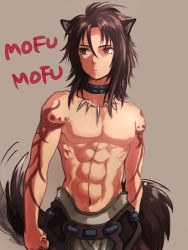 Rule 34 | 1boy, abs, animal ears, brown background, brown hair, fire emblem, fire emblem: radiant dawn, jewelry, kumakosion, long hair, male focus, necklace, nintendo, red eyes, topless male, simple background, solo, tail, tattoo, volug, wolf ears, wolf tail