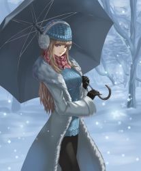 Rule 34 | 1girl, alternate costume, black gloves, black pantyhose, blonde hair, breasts, closed mouth, coat, cowboy shot, earmuffs, from side, gloves, grey hair, hat, holding, holding umbrella, league of legends, leather, leather gloves, light smile, long coat, looking at viewer, nature, open clothes, open coat, outdoors, over shoulder, panchi (heyope), pantyhose, purple eyes, scarf, sidelocks, smile, snow, snow day syndra, snowing, solo, standing, striped, sweater, syndra, tree, umbrella, vertical stripes, winter clothes, winter coat