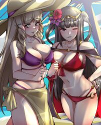 Rule 34 | 1340smile, 2girls, bare shoulders, bikini, black hair, breasts, cleavage, fire emblem, fire emblem awakening, fire emblem heroes, hat, highres, large breasts, light brown hair, long hair, looking at viewer, multiple girls, nintendo, one eye closed, sumia (fire emblem), swimsuit, tharja (fire emblem), tharja (summer) (fire emblem), twintails, wink