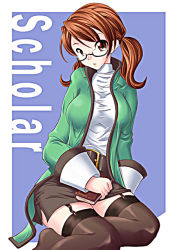 Rule 34 | 1990s (style), 1girl, book, final fantasy, final fantasy iii, glasses, red hair, refia, retro artstyle, short twintails, solo, thighhighs, twintails