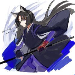 Rule 34 | 1girl, animal ears, arknights, black gloves, black hair, black kimono, blunt ends, commentary request, dated, dog ears, dog girl, facial mark, fingerless gloves, gloves, highres, holding, holding weapon, japanese clothes, k-yosinori, kimono, long hair, looking at viewer, polearm, purple eyes, saga (arknights), signature, simple background, sketch, smile, solo, weapon, white background