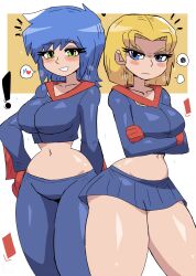 Rule 34 | !, 2girls, absurdres, angry, blonde hair, blue eyes, blue hair, blue pants, blue shirt, blue skirt, blush, breasts, breath, collarbone, crossed arms, gloves, green eyes, grin, hand on own hip, heart, highres, kappa mikey, large breasts, lily (kappa mikey), long sleeves, looking at viewer, midriff, mitsuki (kappa mikey), multiple girls, navel, nickelodeon, pants, red gloves, shirt, short hair, short sleeves, skirt, smile, sparkle, speech bubble, spoken heart, standing, teeth, thick thighs, thighs, tony welt, white background, wide hips