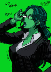 Rule 34 | 1girl, adjusting eyewear, animification, breasts, butcha-u, colored skin, formal, glasses, green background, green hair, green skin, green theme, jennifer walters, large breasts, lips, long hair, marvel, open mouth, she-hulk, solo, suit