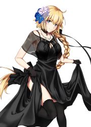 Rule 34 | 1girl, bare arms, black choker, black dress, black gloves, black thighhighs, blonde hair, blue eyes, blue flower, blush, braid, breasts, choker, closed mouth, dress, enchuu, fate/grand order, fate (series), floating hair, flower, gloves, hair between eyes, hair flower, hair ornament, head tilt, jeanne d&#039;arc (fate), jeanne d&#039;arc (formal dress) (fate), jeanne d&#039;arc (ruler) (fate), jewelry, leg up, long hair, looking at viewer, medium breasts, necklace, see-through, simple background, single braid, skirt hold, sleeveless, sleeveless dress, smile, solo, spaghetti strap, standing, standing on one leg, thighhighs, thighs, very long hair, white background, white flower