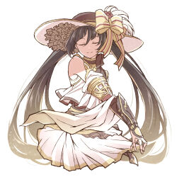 Rule 34 | 1girl, bow, brown hair, brown hat, closed eyes, closed mouth, cropped legs, detached sleeves, doll (ys), dress, floating hair, hat, hat bow, long hair, mishiro (andante), smile, solo, striped, striped bow, sun hat, twintails, very long hair, white background, white dress, yellow bow, ys, ys ix monstrum nox