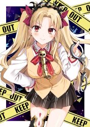 Rule 34 | 1girl, alternate costume, black skirt, blonde hair, blush, border, breasts, brown eyes, caution tape, closed mouth, contrapposto, cowboy shot, cuffs, curtained hair, earrings, ereshkigal (fate), fate/grand order, fate (series), hair ribbon, hanabana tsubomi, handcuffs, highres, holding, holding handcuffs, homurahara academy school uniform, jewelry, keep out, long hair, long sleeves, looking at viewer, medium breasts, necklace, purple ribbon, ribbon, school uniform, single thighhigh, skirt, smile, solo, thighhighs, tiara, two side up, white border