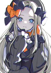 Rule 34 | 1girl, abigail williams (fate), absurdres, black bow, black dress, black headwear, blue eyes, bow, dress, expressionless, fate/grand order, fate (series), grey hair, hair bow, highres, long hair, looking at viewer, multiple hair bows, natsume hinako, orange bow, parted bangs, simple background, sleeves past fingers, sleeves past wrists, upper body, white background