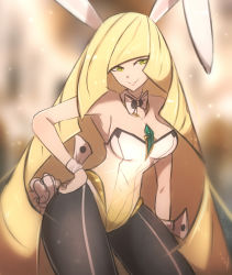 Rule 34 | 1girl, absurdres, animal ears, black pantyhose, blonde hair, blurry, blurry background, breasts, closed mouth, commentary, creatures (company), detached collar, fake animal ears, female focus, game freak, green eyes, hand on own hip, highres, leotard, long hair, lusamine (pokemon), mature female, nintendo, omiza somi, pantyhose, playboy bunny, pokemon, pokemon sm, rabbit ears, rabbit tail, smile, solo, tail, very long hair, wrist cuffs