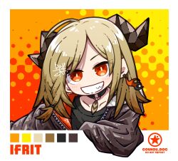 Rule 34 | 1girl, ahoge, alternate hairstyle, arknights, artist name, black collar, black jacket, black shirt, blonde hair, character name, collar, demon horns, dog-san, feather collar, fire earrings, grin, highres, horns, ifrit (arknights), jacket, long hair, looking at viewer, open clothes, open jacket, orange eyes, shirt, simple background, smile, solo