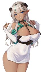 1girl ajidot bare_shoulders blue_eyes breasts brown_dust_(series) brown_dust_2 cleavage covered_navel cowboy_shot dark_skin dress grey_hair grin highres horns large_breasts long_hair looking_at_viewer nebris_(brown_dust_2) pencil_dress short_dress simple_background smile solo standing thighs very_long_hair white_background white_dress