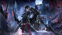 Rule 34 | 1girl, absurdres, adjusting clothes, adjusting headwear, alisa: echo (punishing: gray raven), alisa (punishing: gray raven), armor, black headwear, black jacket, black necktie, black skirt, bow (weapon), building, car, city, cityscape, collared shirt, cuffs, dress shirt, feet out of frame, full moon, garter straps, hand on headwear, handcuffs, hat, highres, holding, holding bow (weapon), holding weapon, jacket, looking at viewer, mechanical parts, military hat, miniskirt, moon, motor vehicle, necktie, night, night sky, official art, peaked cap, pelvic curtain, pencil skirt, police, police uniform, policewoman, punishing: gray raven, purple eyes, purple hair, red thighhighs, semi truck, shirt, skirt, sky, standing, star (sky), starry sky, thigh sheath, thigh strap, thighhighs, trailer, truck, uniform, weapon, white shirt, wu lun wujin
