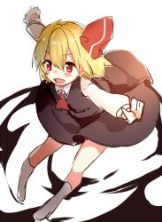 Rule 34 | 1girl, :d, ascot, black skirt, black vest, blonde hair, blush, collared shirt, full body, hair between eyes, hair ribbon, leaning forward, long sleeves, no shoes, open mouth, outstretched arms, paragasu (parags112), red ascot, red eyes, red ribbon, ribbon, rumia, shirt, short hair, simple background, skirt, skirt set, smile, socks, solo, spread arms, touhou, v-shaped eyebrows, vest, white background, white shirt, white socks