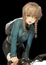 Rule 34 | 1girl, :d, amane suzuha, bag, between breasts, bicycle, bike shorts, black shorts, blue jacket, blush, braid, breasts, eyebrows, green eyes, highres, jacket, leaning forward, long hair, long sleeves, looking at viewer, medium breasts, open mouth, over shoulder, riding, short hair, shorts, signature, smile, solo, steins;gate, strap between breasts, tomboy, track jacket, transparent background, twin braids, yd (orange maru), zipper