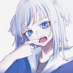 Rule 34 | 1girl, blue hair, blue hoodie, fangs, gawr gura, gawr gura (1st costume), head tilt, highres, hololive, hololive english, hood, hoodie, looking at viewer, mouth pull, multicolored hair, natsume hinako, silver hair, solo, streaked hair, two side up, virtual youtuber, white background