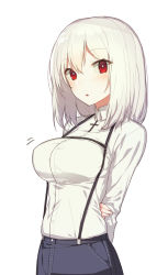 Rule 34 | 1girl, blouse, breasts, collared shirt, grey background, hair between eyes, heart, heart-shaped pupils, highres, large breasts, light background, looking at viewer, open mouth, original, red eyes, shirt, short hair, simple background, solo, symbol-shaped pupils, white background, white hair, white shirt