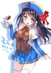 Rule 34 | 1girl, alfort (brand), bare shoulders, black hair, blue eyes, blush, breasts, detached sleeves, fujishima-sei ichi-gou, hat, highres, long hair, looking at viewer, open mouth, personification, skirt, smile, solo, thighhighs, zettai ryouiki