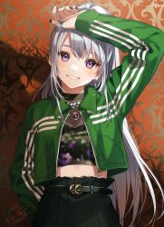 Rule 34 | 1girl, arm up, belt, black belt, black nails, black shirt, black skirt, booota, collared jacket, commentary request, crop top, eyebrows hidden by hair, green jacket, grey hair, grin, hair between eyes, head tilt, highres, higuchi kaede, jacket, jewelry, long hair, long sleeves, looking at viewer, nail polish, nijisanji, open clothes, open jacket, pleated skirt, purple eyes, ring, shirt, signature, skirt, sleeves past wrists, smile, solo, thick eyebrows, very long hair, virtual youtuber