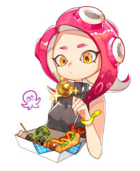 Rule 34 | 1girl, breasts, closed mouth, food, holding, hot dog, long hair, medium breasts, nintendo, octoling, octoling girl, octoling player character, q (pixiv31467921), red hair, simple background, sleeveless, solo, sparkle, splatoon (series), splatoon 2, splatoon 2: octo expansion, takoyaki, tempura, tentacle hair, upper body, white background, wristband, yellow eyes, zipper pull tab