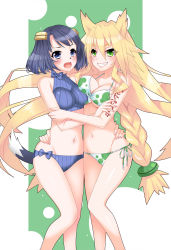 Rule 34 | 2girls, animal nose, arm around waist, arm tattoo, asymmetrical docking, bare shoulders, bikini, black hair, blonde hair, blue bikini, blue bow, blue eyes, blush, bow, braid, breast press, breasts, collarbone, covered erect nipples, dog tail, front-tie bikini top, front-tie top, green eyes, grin, groin, hair between eyes, hair ornament, hairclip, hand on another&#039;s arm, hand on another&#039;s hip, highres, large breasts, long hair, majo no takkyuubin, medium breasts, metallica (majo to hyakkihei), multiple girls, navel, open mouth, poyamu, ribbed bikini, side-tie bikini bottom, smile, standing, swept bangs, swimsuit, tail, tattoo, twin braids, very long hair, viscole dotrish