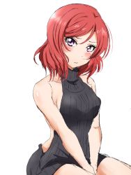 Rule 34 | 10s, 1girl, backless dress, backless outfit, between legs, black sweater, blush, breasts, dress, embarrassed, halterneck, hand between legs, highres, love live!, love live! school idol project, meme attire, nishikino maki, purple eyes, red hair, ribbed sweater, shogo (4274732), short hair, simple background, sitting, sketch, solo, sweater, sweater dress, turtleneck, turtleneck sweater, virgin killer sweater, wavy mouth, white background