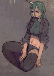Rule 34 | 1girl, character request, crop top, green hair, highres, jacket, knife in head, long hair, midriff, navel, object through head, runny makeup, saliva, short shorts, shorts, sitting, solo, tearing up, thighhighs, umezawa michiko