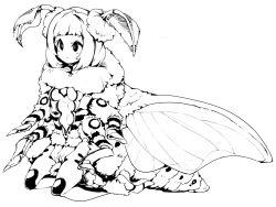 Rule 34 | 1girl, antennae, arthropod girl, arthropod limbs, closed mouth, dot mouth, extra breasts, female focus, frfr, greyscale, highres, insect girl, insect wings, kneeling, monochrome, monster girl, moth girl, original, short hair, simple background, solo, white background, wings