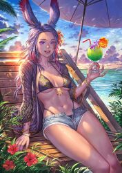 Rule 34 | 1girl, animal ears, arina nary, bikini, bikini under clothes, breasts, chair, commission, covered erect nipples, cup, cutoffs, day, denim, denim shorts, drink, drinking straw, facial mark, final fantasy, final fantasy xiv, fingernails, flower, hair flower, hair ornament, hand up, highleg, highleg bikini, highres, holding, holding cup, leaning back, linea alba, long hair, long sleeves, looking at viewer, medium breasts, mountainous horizon, multicolored hair, nail polish, navel, ocean, on chair, open clothes, open fly, open mouth, open shirt, open shorts, outdoors, parasol, purple eyes, rabbit ears, red hair, see-through, see-through shirt, short shorts, shorts, sitting, sky, smile, solo, stomach, sun, swimsuit, tan, three quarter view, toned, two-tone hair, umbrella, unbuttoned, unzipped, viera, warrior of light (ff14), water, wooden chair
