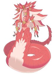 Rule 34 | 1girl, absurdres, armlet, bracelet, breasts, choker, colored eyelashes, colored skin, earrings, fingernails, full body, hair censor, hand on own hip, highres, inu fuji, jewelry, lamia, large breasts, long fingernails, mole, mole under eye, monster girl, original, red skin, scales, sharp fingernails, slit pupils, solo, uraeus, white background, yellow eyes