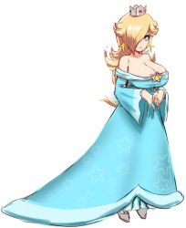 Rule 34 | 1girl, alternate breast size, awesomeerix, blonde hair, blue dress, blue eyes, breasts, bright pupils, cleavage, collarbone, crown, dress, full body, highres, large breasts, lips, long hair, mario (series), nintendo, own hands together, rosalina, solo, star-shaped pupils, star (symbol), super mario galaxy, symbol-shaped pupils, white background, white pupils, wide sleeves
