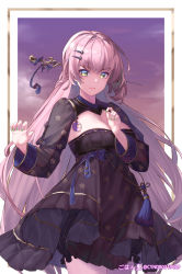 Rule 34 | 1girl, absurdres, artist name, black dress, blue ribbon, breasts, cleavage, closed mouth, commentary, cowboy shot, dress, floral print, gohan oni, green eyes, hair ornament, hair stick, hairclip, hands up, highres, long hair, long sleeves, looking at viewer, medium breasts, nail polish, original, ribbon, see-through, see-through sleeves, shrug (clothing), sleeveless, sleeveless dress, smile, solo, standing, strapless, strapless dress, translation request, very long hair