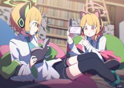 Rule 34 | 2girls, animal ear headphones, animal ears, aqua bow, aqua necktie, artist name, bean bag chair, black footwear, black shorts, black thighhighs, blonde hair, blue archive, blurry, blurry background, book, bookshelf, boots, bow, cat ear headphones, cellphone, collared shirt, commentary, english commentary, fake animal ears, green eyes, hair bow, halo, headphones, holding, holding book, holding phone, indoors, ladder, library, liyom, long sleeves, looking at another, meta, midori (blue archive), momoi (blue archive), multiple girls, necktie, off shoulder, open book, open mouth, phone, pink eyes, pointing, red bow, shirt, shorts, siblings, signature, sisters, smartphone, stepladder, sweatdrop, thighhighs, twins, white shirt, wide sleeves