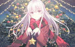 Rule 34 | 1girl, black scarf, black shirt, blue sky, blurry, blurry background, blush, christmas ornaments, christmas tree, closed mouth, coat, glowing, gradient sky, hair over shoulder, highres, holding, koh rd, long hair, long sleeves, multicolored eyes, night, night sky, open clothes, open coat, original, outdoors, red coat, red eyes, red scarf, scarf, shirt, sidelocks, sky, smile, solo, standing, star (symbol), two-tone scarf, upper body, white hair